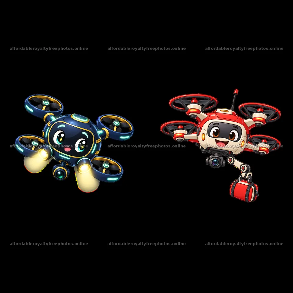 Cartoon drones with joyful expressions and fun – royalty-free photos 7746x7746