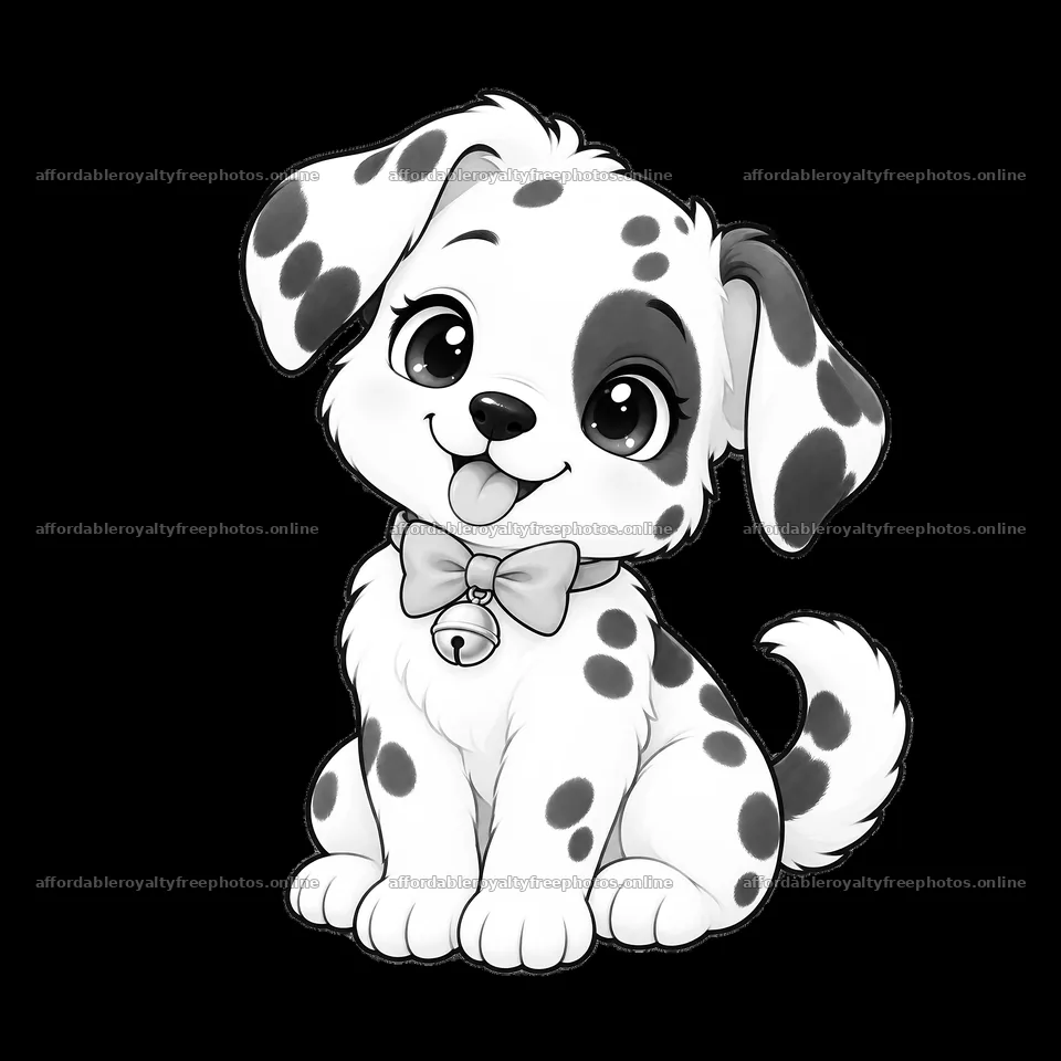 Cute cartoon dog with spots and bowtie sitting happily – royalty-free photos 7746x7746
