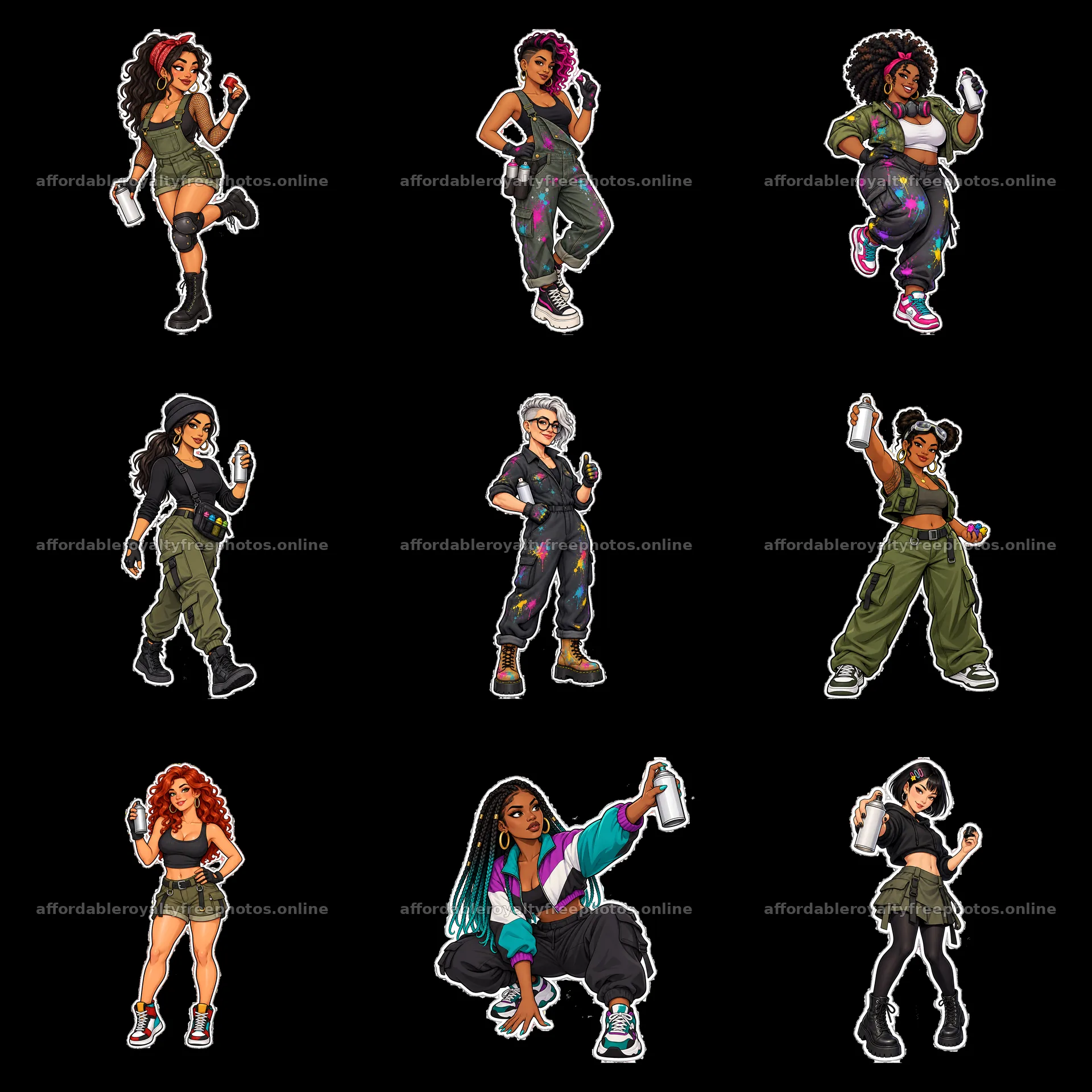Nine stylish female graffiti sprayers with spray cans in – royalty-free photos 7746x7746