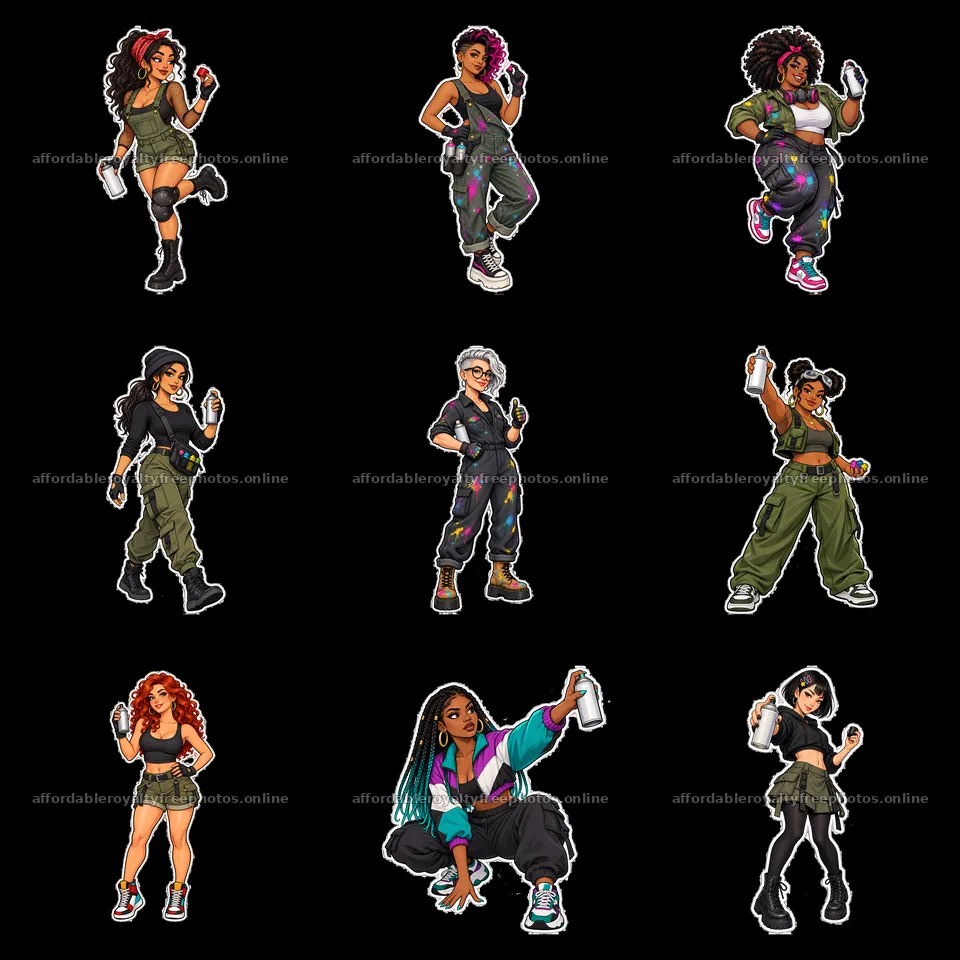 Nine stylish female graffiti sprayers with spray cans in – royalty-free photos 7746x7746