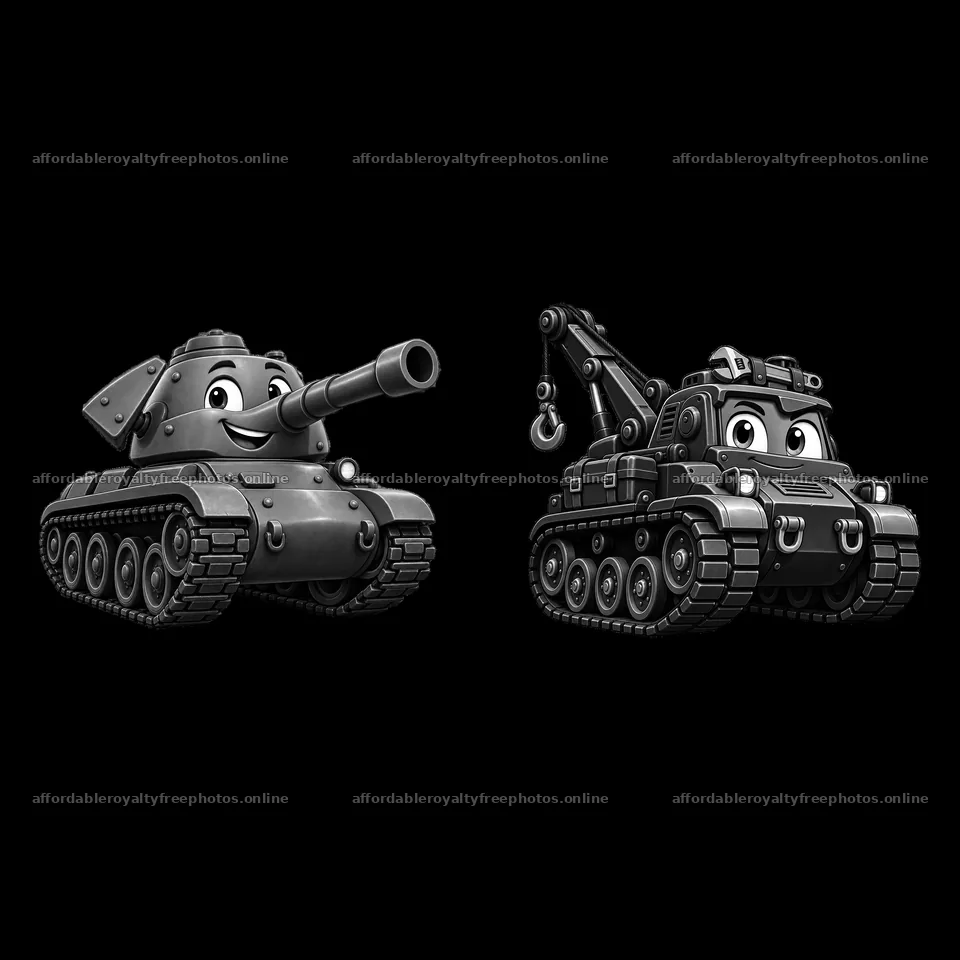 Cartoon tank characters with smiling faces and playful – royalty-free photos 7746x7746