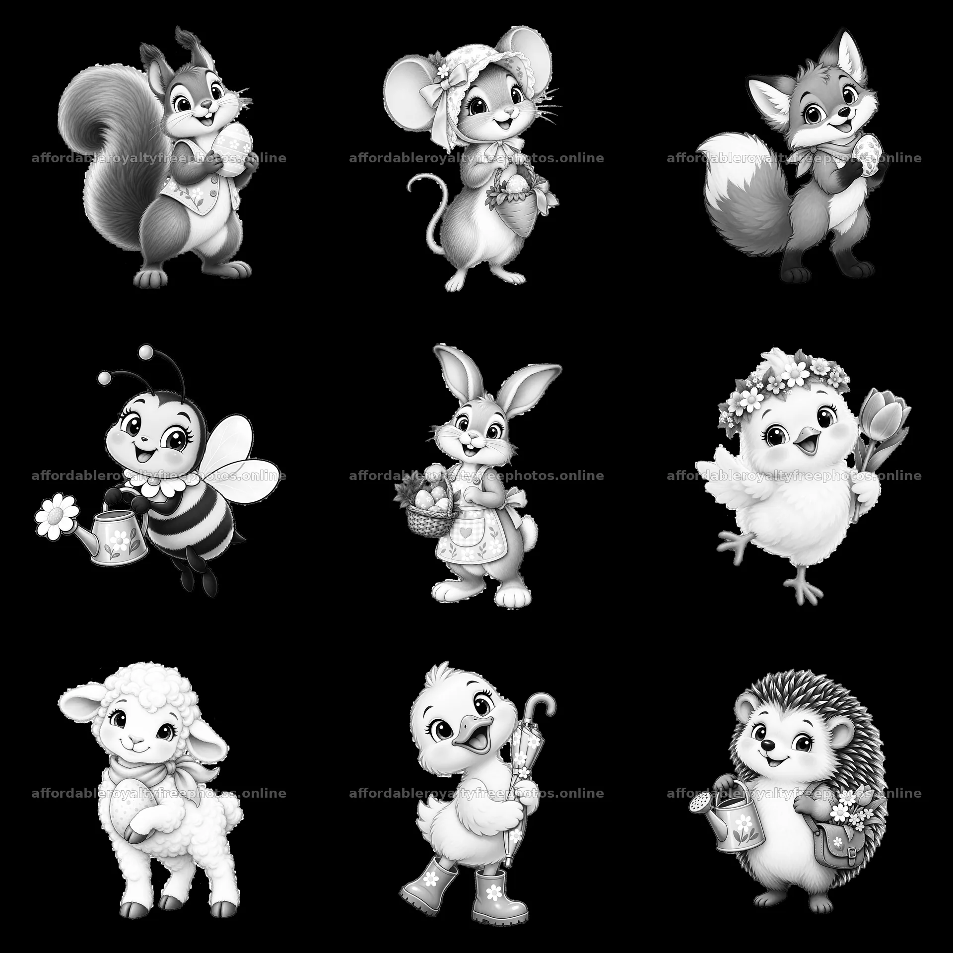 Easter meadow animals holding flowers and baskets in – royalty-free photos 7746x7746