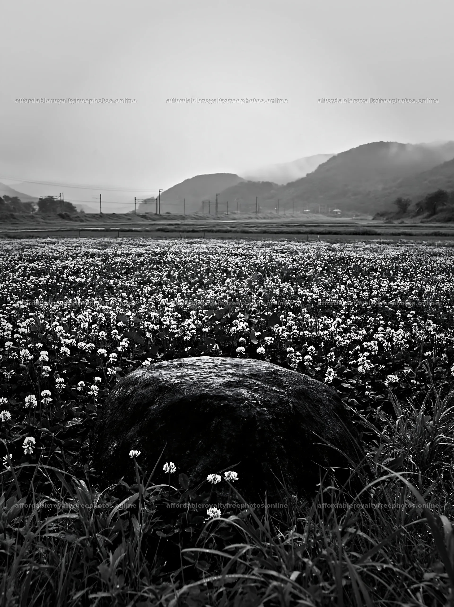 Rainy meadow in Hiroshima with smooth rock in foreground – royalty-free photos 6866x9174