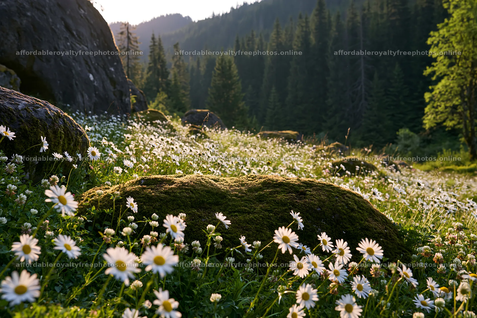 Mossy boulder in a meadow filled with wildflowers – royalty-free photos 9722x6480