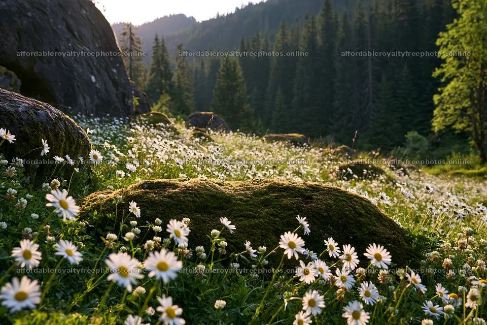 Mossy boulder in a meadow filled with wildflowers – royalty-free photos 9722x6480