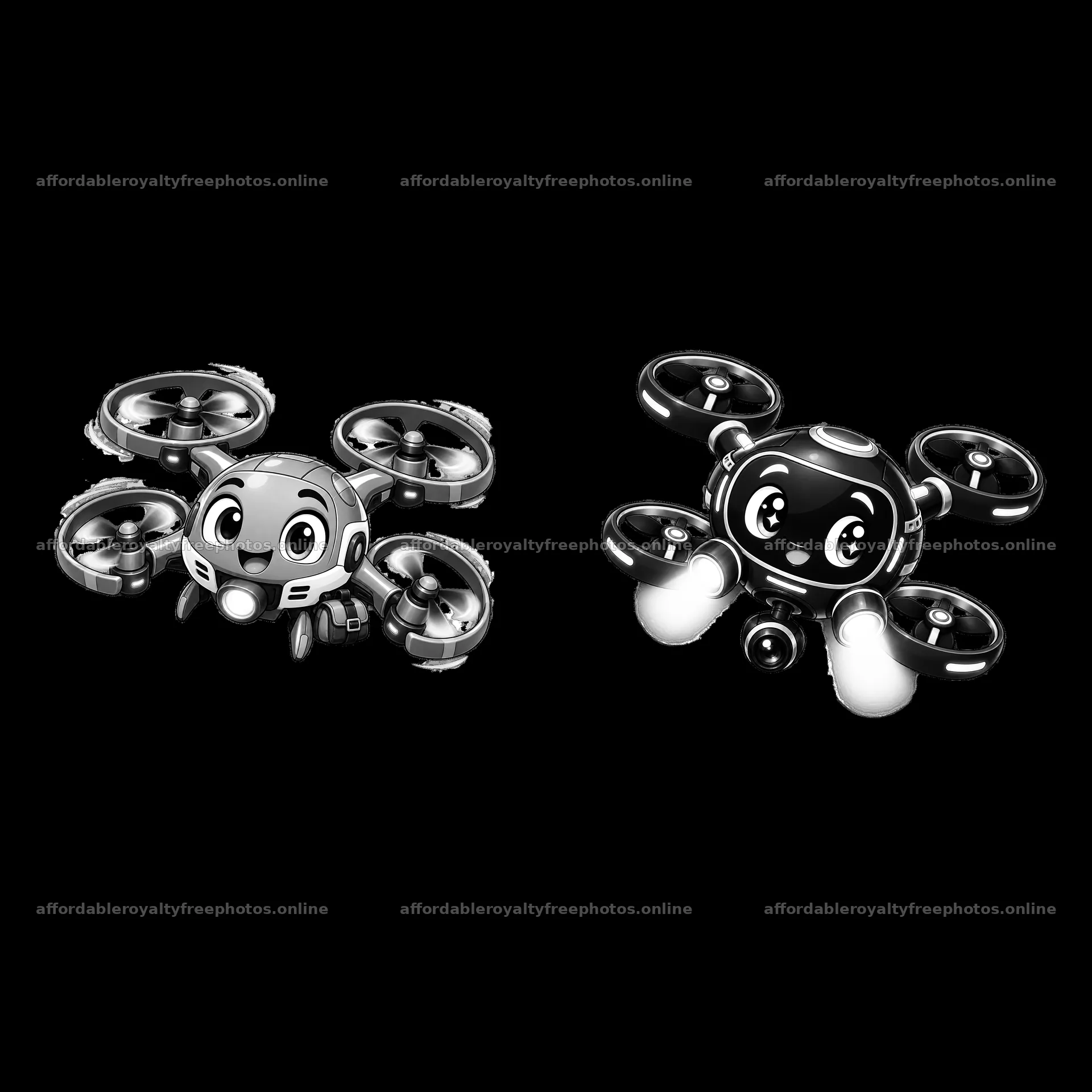 Cartoon drones with happy faces and distinct features – royalty-free photos 7746x7746