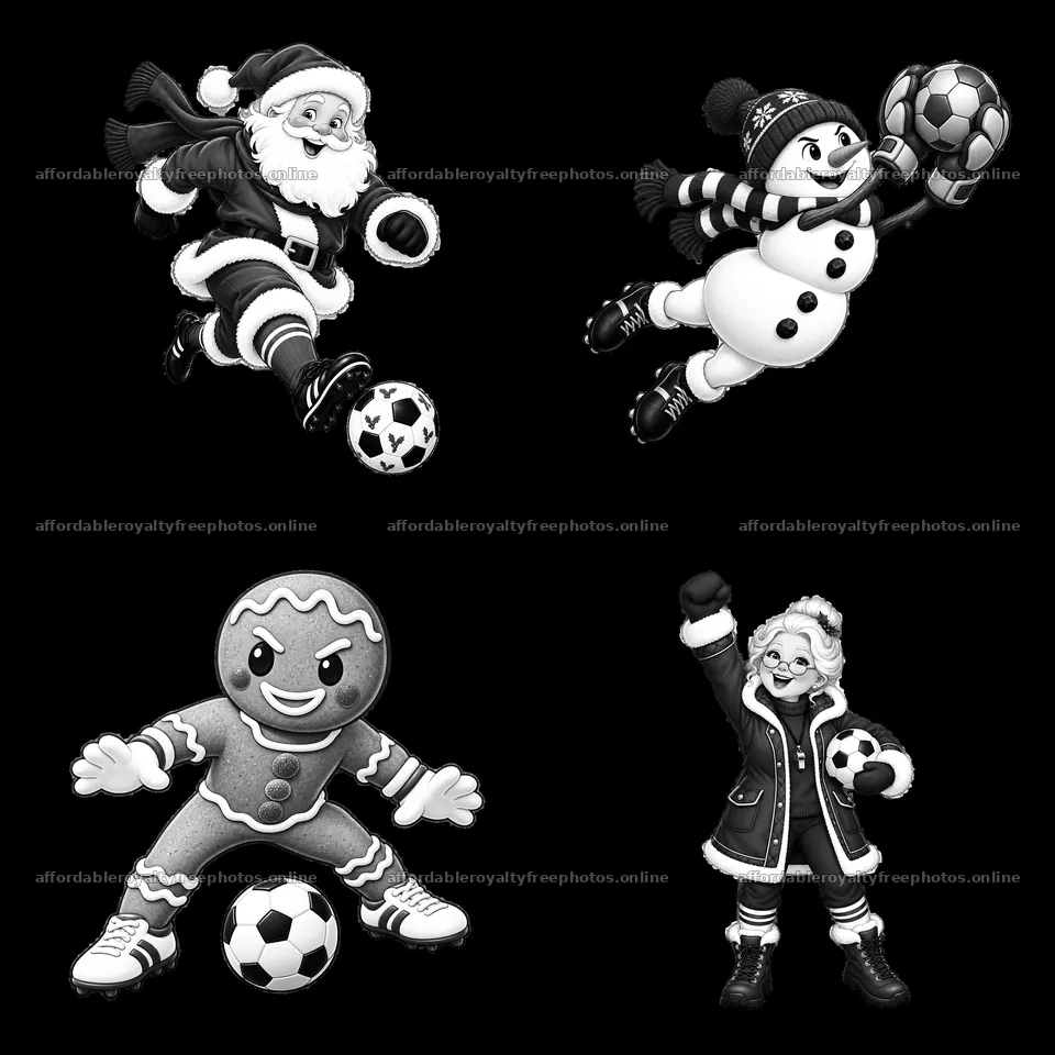 Santa Claus and friends playing soccer during Christmas – royalty-free photos 7746x7746
