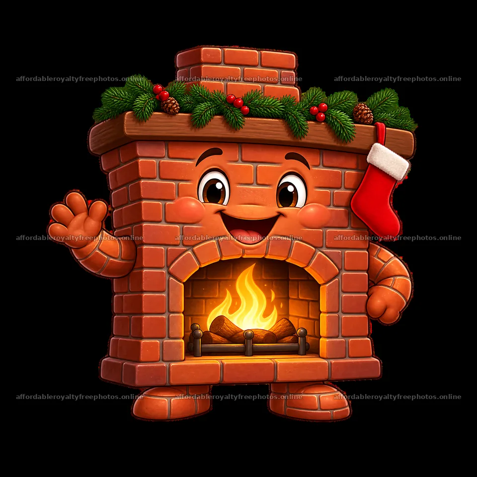Cartoon fireplace character with Christmas decoration and smiling face – royalty-free photos 7746x7746