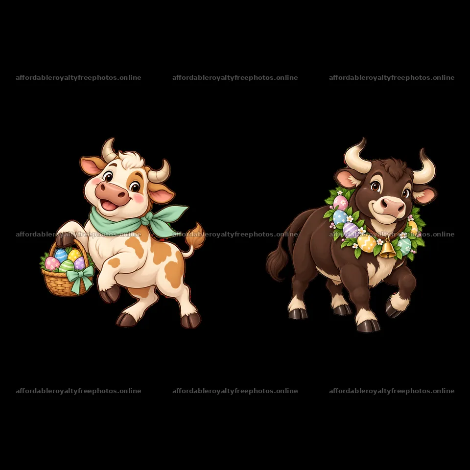 Easter ox characters with eggs and flowers in playful – royalty-free photos 7746x7746
