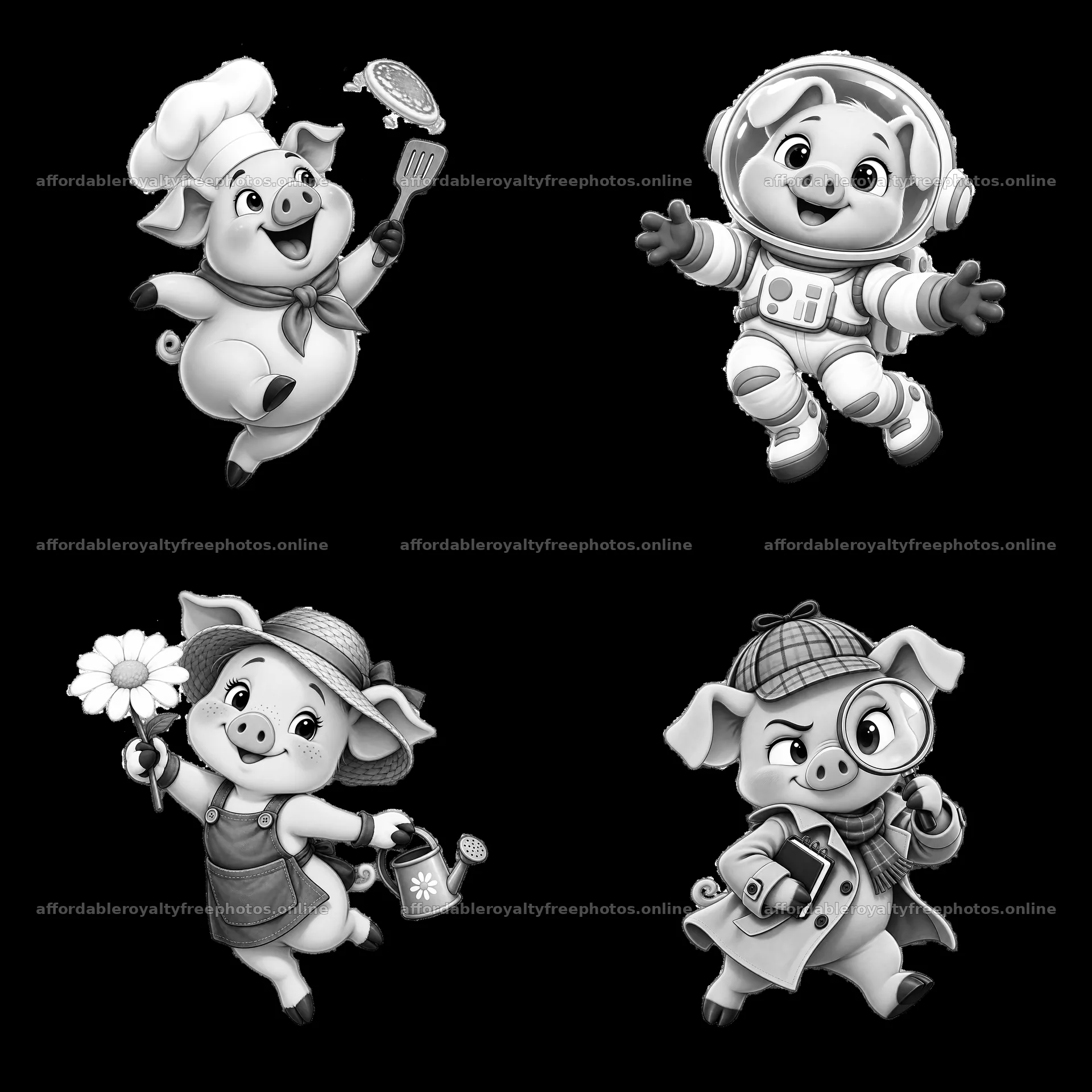 Pig cartoon characters in various occupations and – royalty-free photos 7746x7746