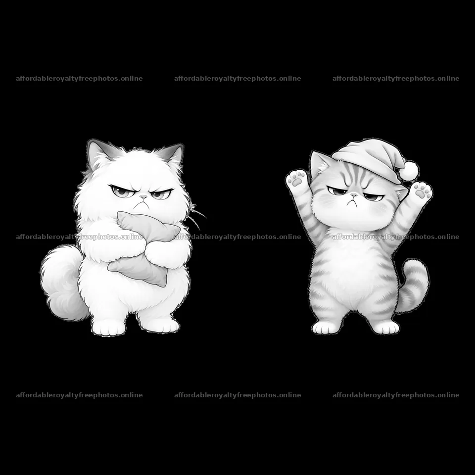 Kawaii grumpy cat pair with pillow and Santa hat – royalty-free photos 7746x7746