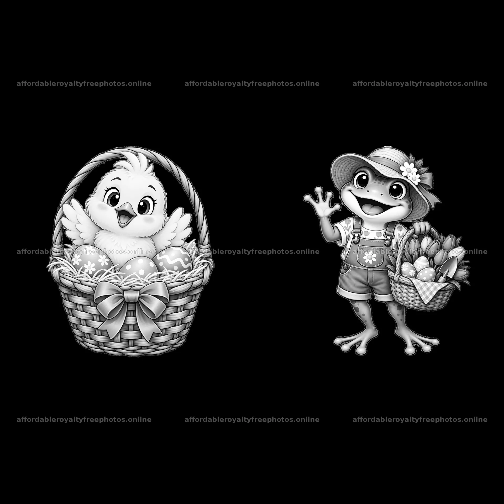 Chick in basket and frog with flowers in Easter themed – royalty-free photos 7746x7746