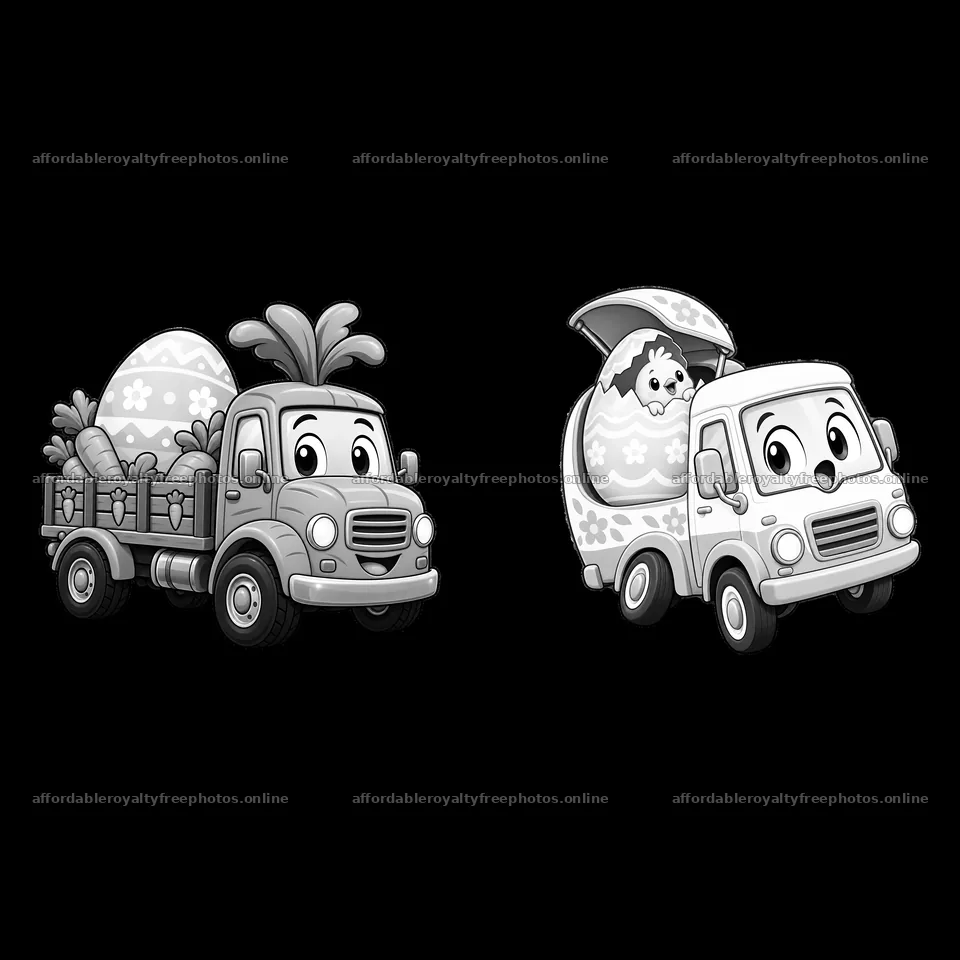 Easter truck carrying eggs and bunny in black-and-white – royalty-free photos 7746x7746