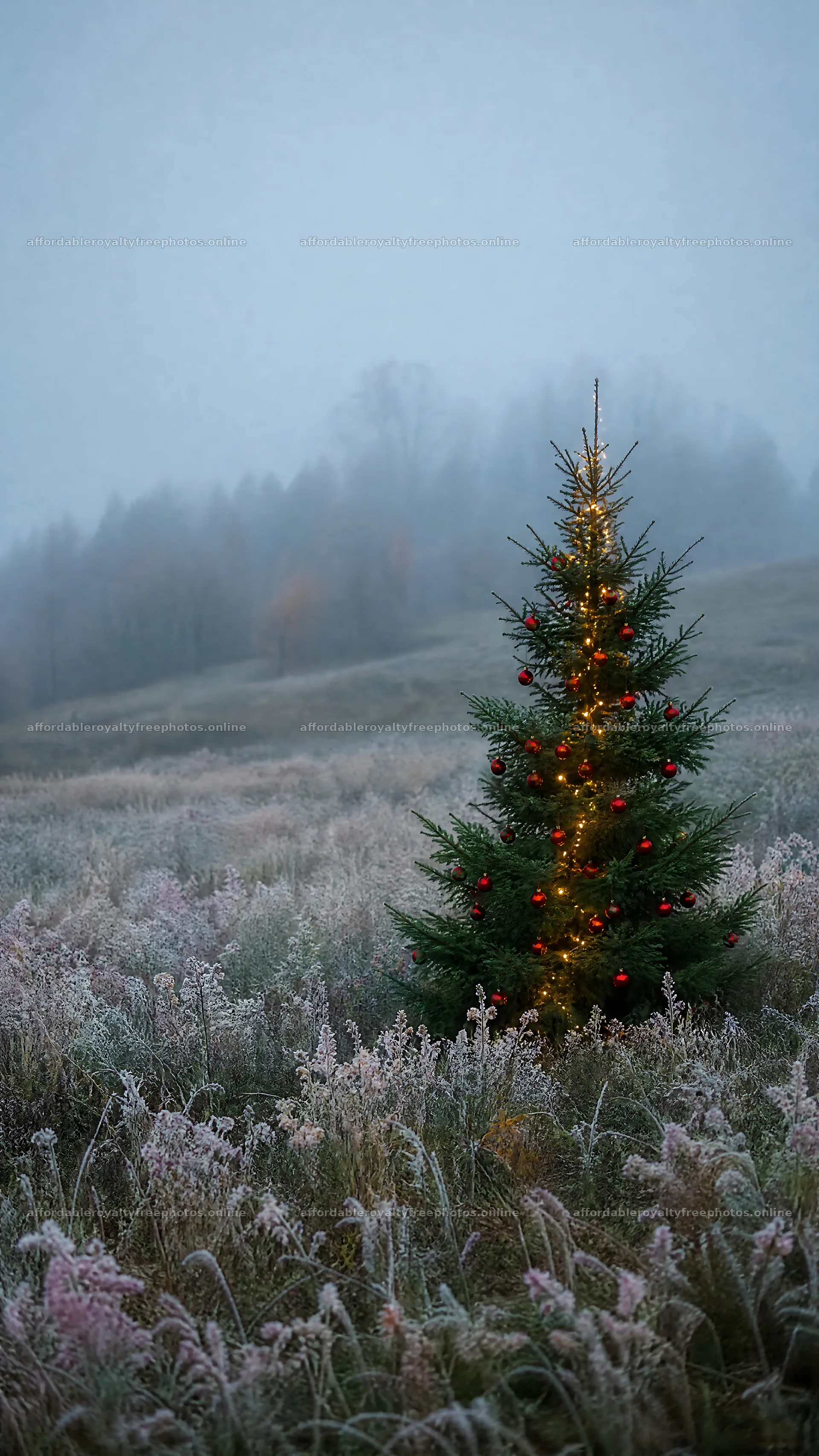 Vibrant Christmas tree in misty meadow – royalty-free photos 5952x10584