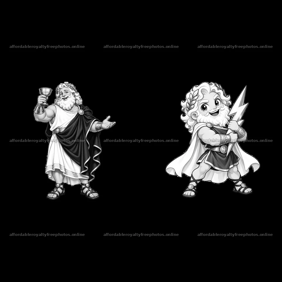 Zeus holding a cup and Zeus with a lightning bolt in – royalty-free photos 7746x7746