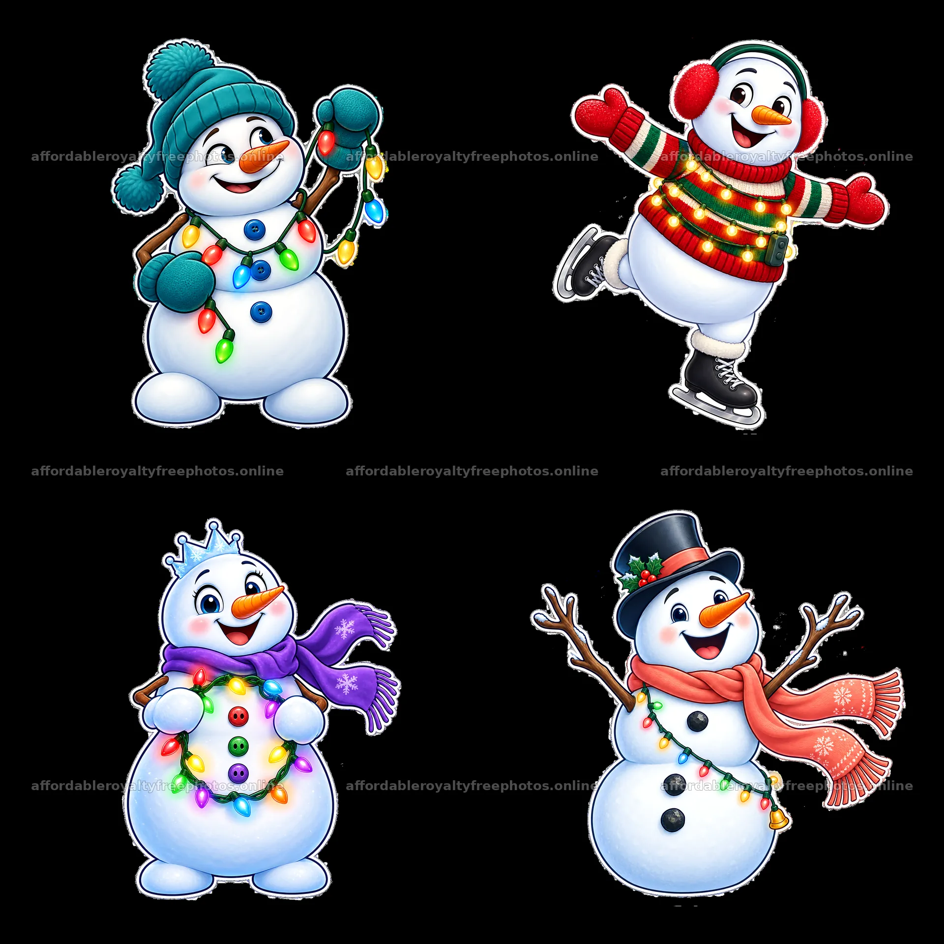 Snowman characters with string lights and festive outfits – royalty-free photos 7746x7746