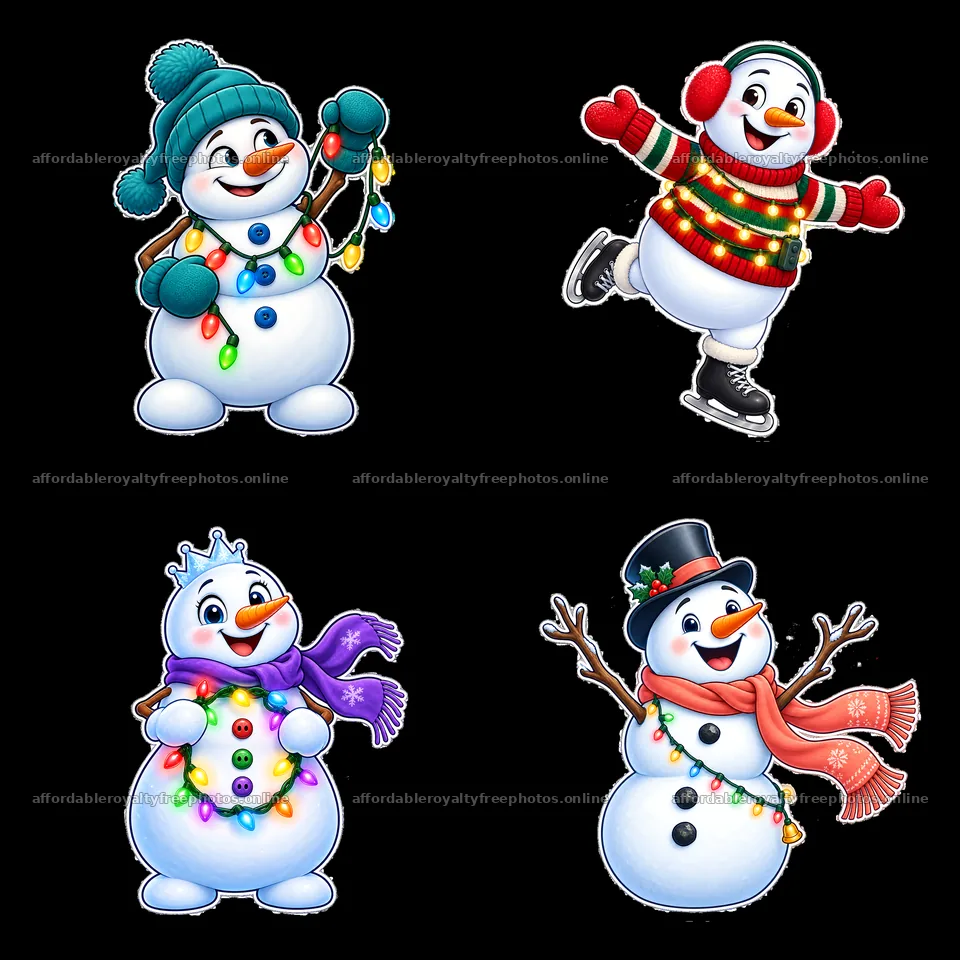 Snowman characters with string lights and festive outfits – royalty-free photos 7746x7746