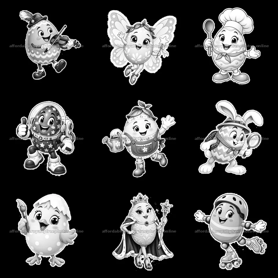 Easter egg characters engaged in various activities in a grid layout – royalty-free photos 7746x7746