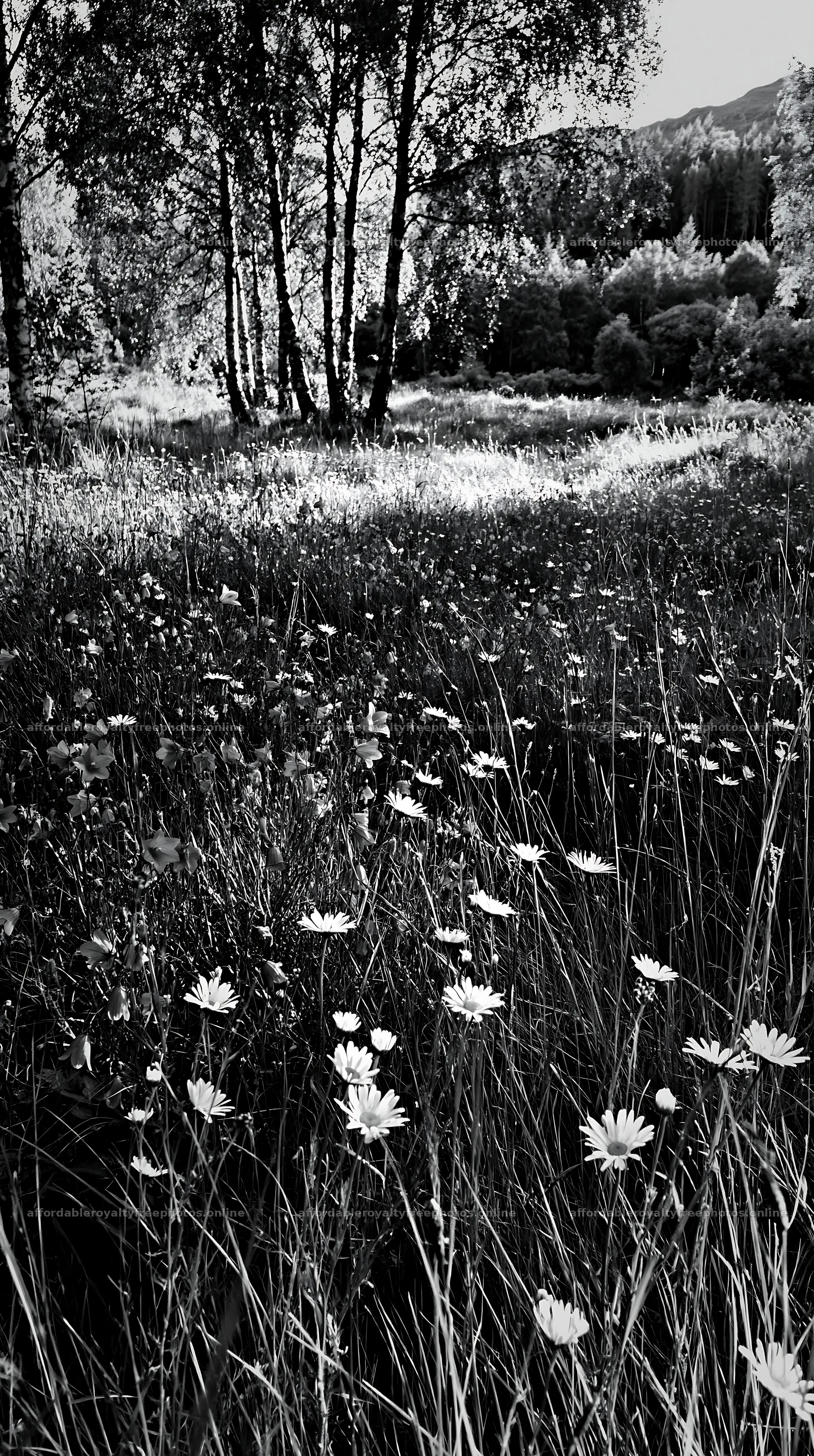 Birch grove with flowers in a meadow under bright – royalty-free photos 5938x10608