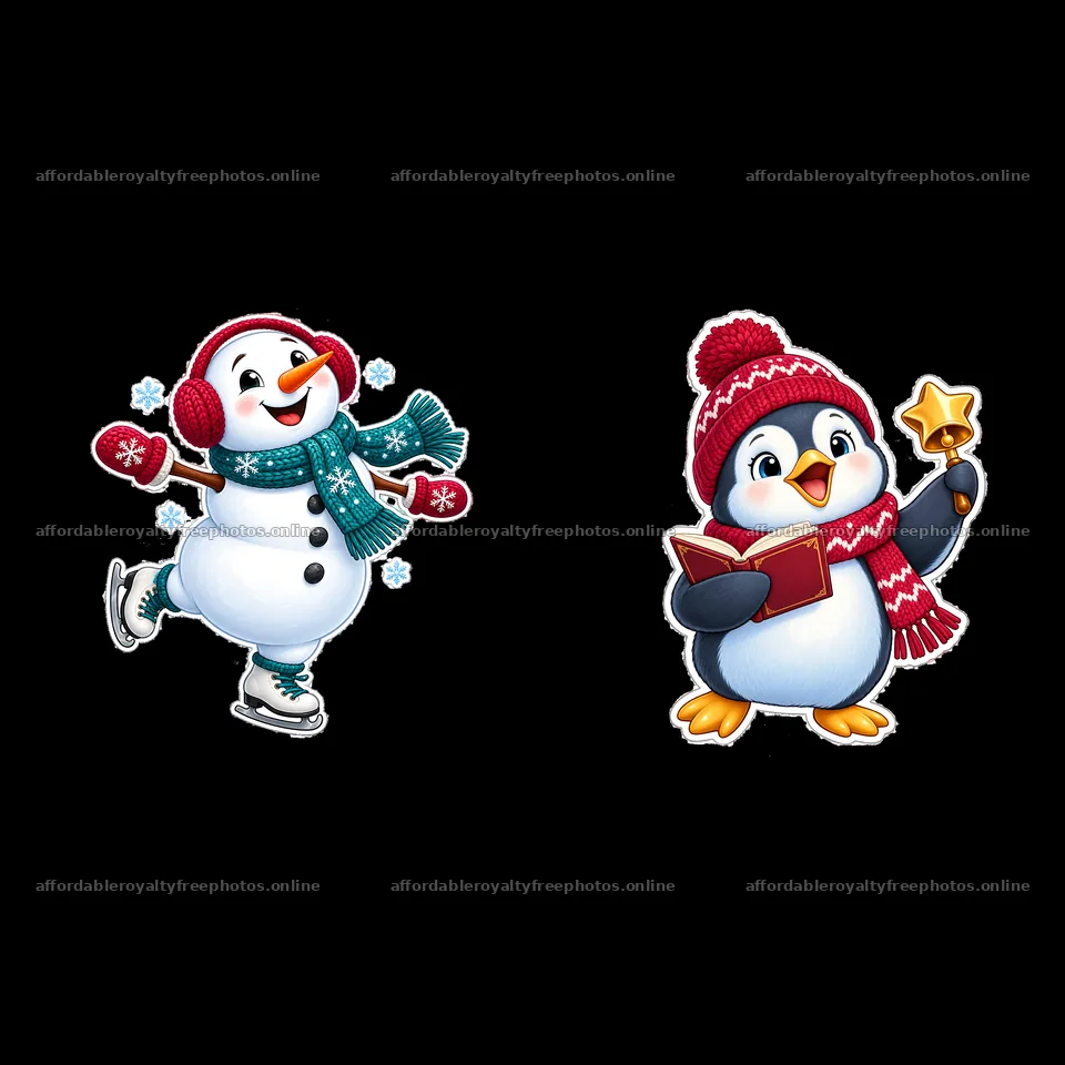 Cheerful penguin with bell and snowman skating in Christmas scene – royalty-free photos 7746x7746