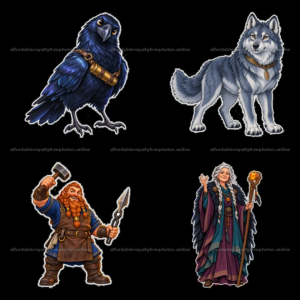 Odin's companions with wolf, raven, dwarf, and goddess – royalty-free photos 7746x7746