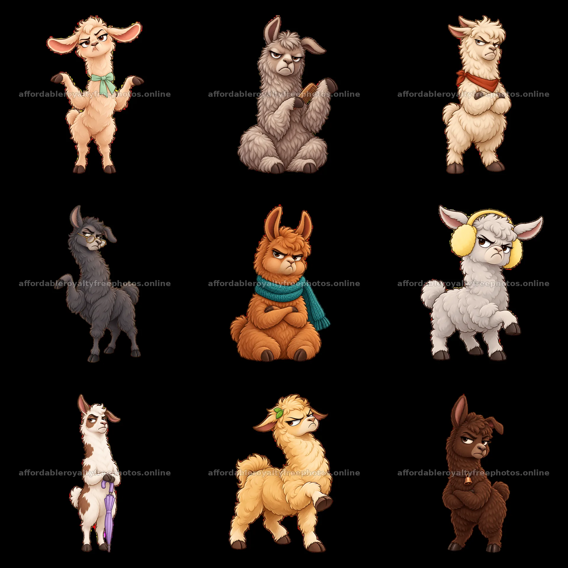 Grumpy llamas in various poses and expressions in a 3x3 – royalty-free photos 7746x7746