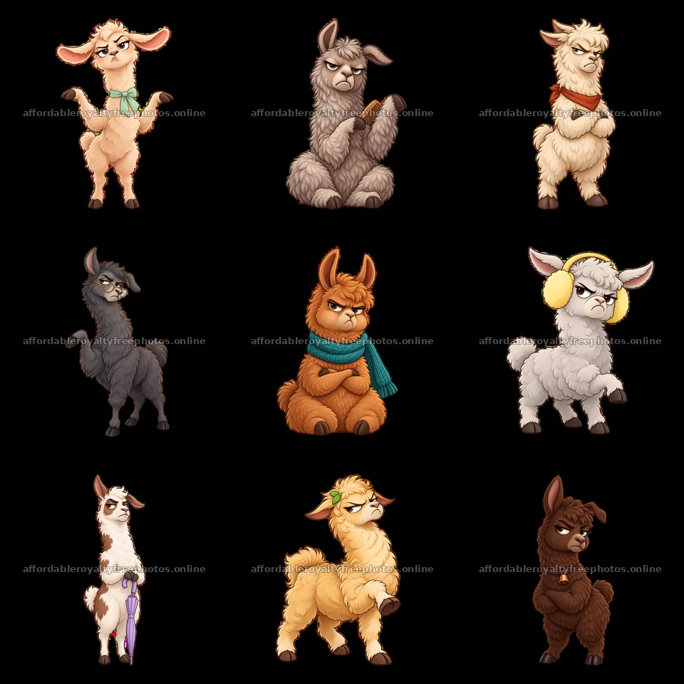 Grumpy llamas in various poses and expressions in a 3x3 – royalty-free photos 7746x7746