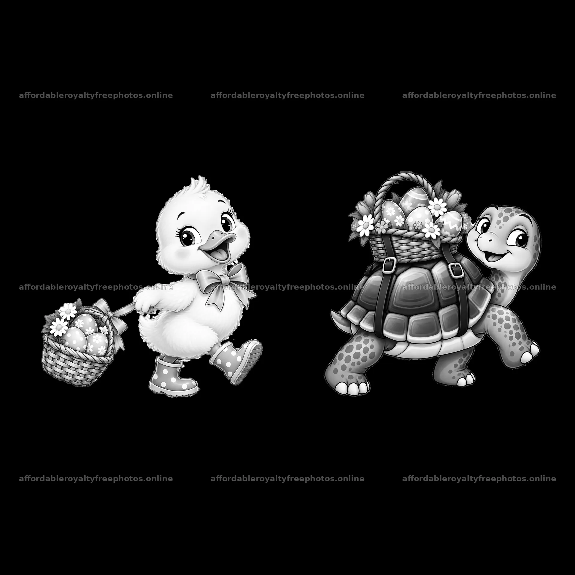 Easter basket with duckling pulling turtle carrying eggs – royalty-free photos 7746x7746