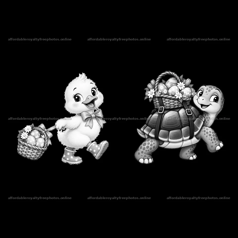 Easter basket with duckling pulling turtle carrying eggs – royalty-free photos 7746x7746