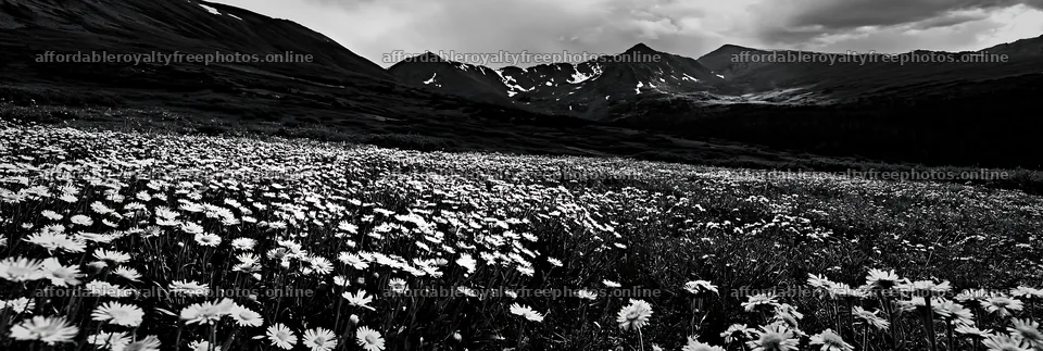 Colorful daisy meadow in the mountains with overcast sky – royalty-free photos 13690x4602