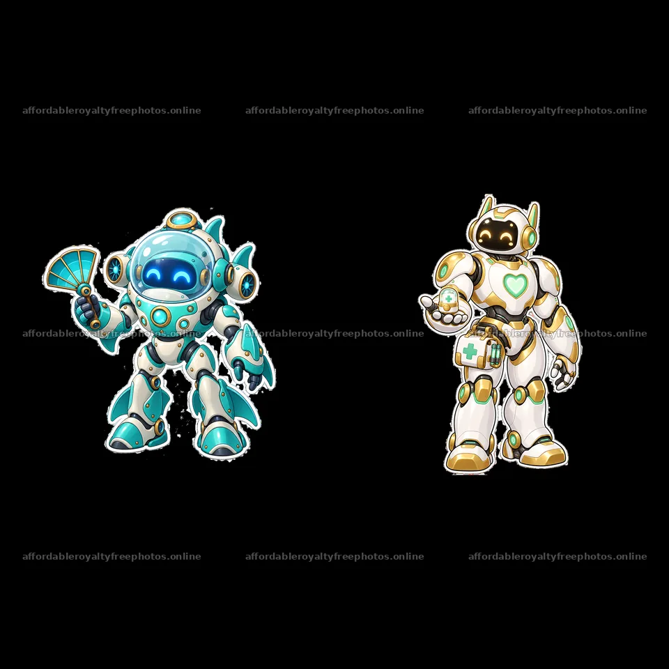 Two mech robots interacting with accessories and vivid – royalty-free photos 7746x7746
