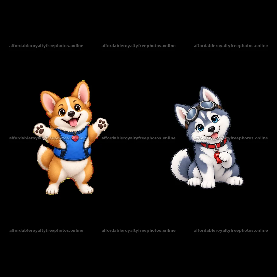 Cute K-9 dogs with one jumping and one sitting in – royalty-free photos 7746x7746