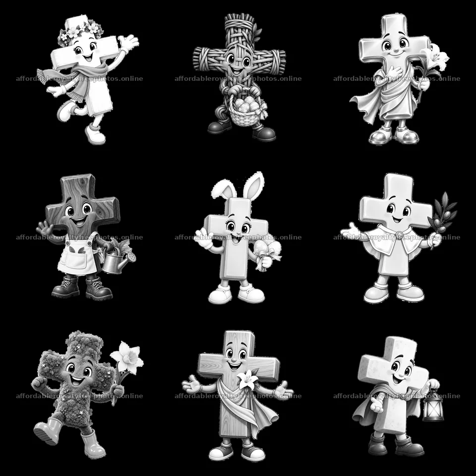 Easter cross characters with happy expressions in a 3x3 – royalty-free photos 7746x7746