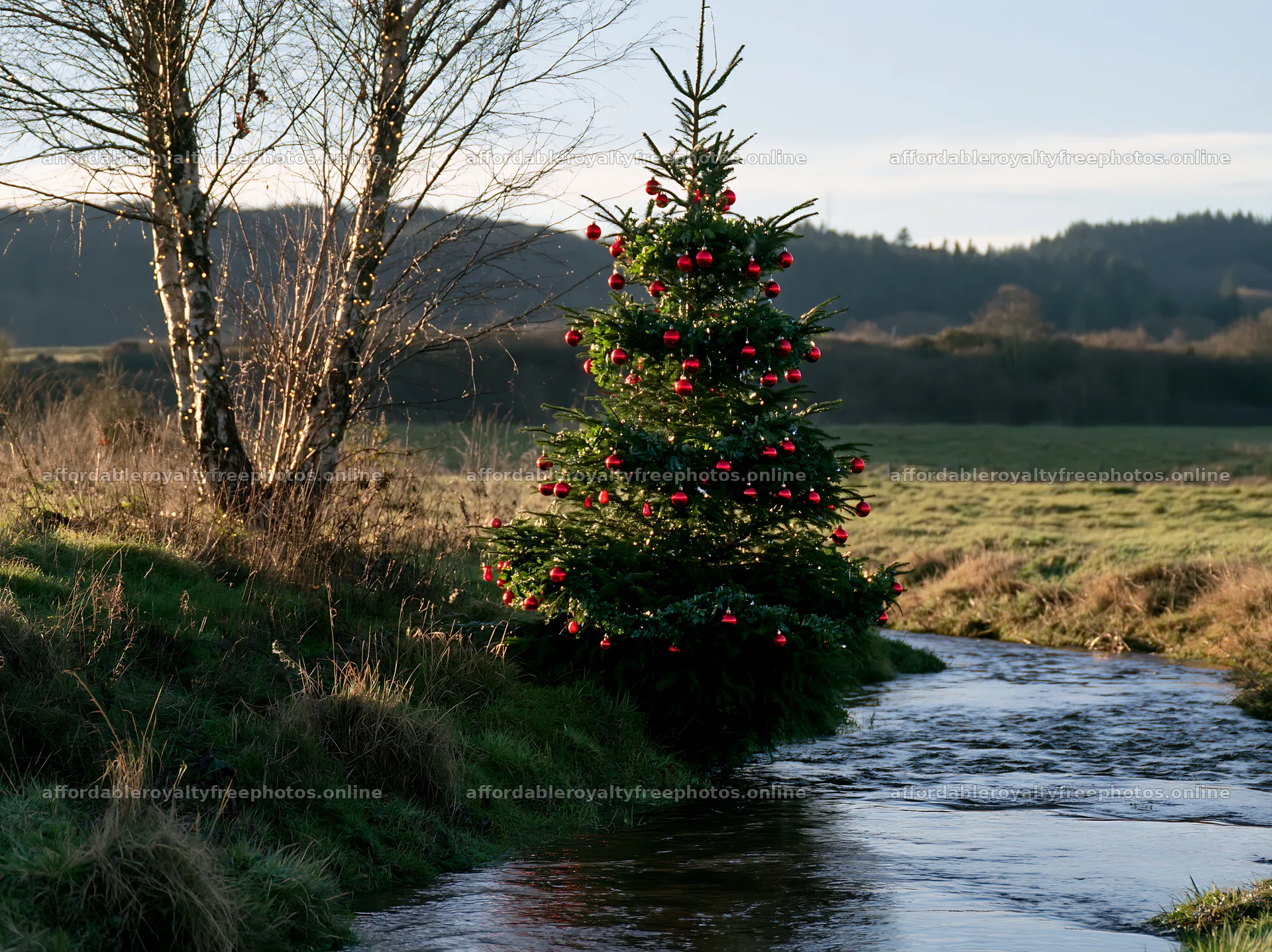 Christmas tree beside stream in meadow during daylight – royalty-free photos 9174x6866