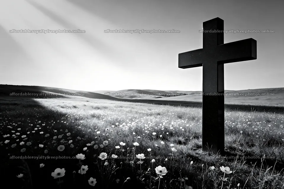 Christian cross in meadow with light rays – royalty-free photos 9722x6480