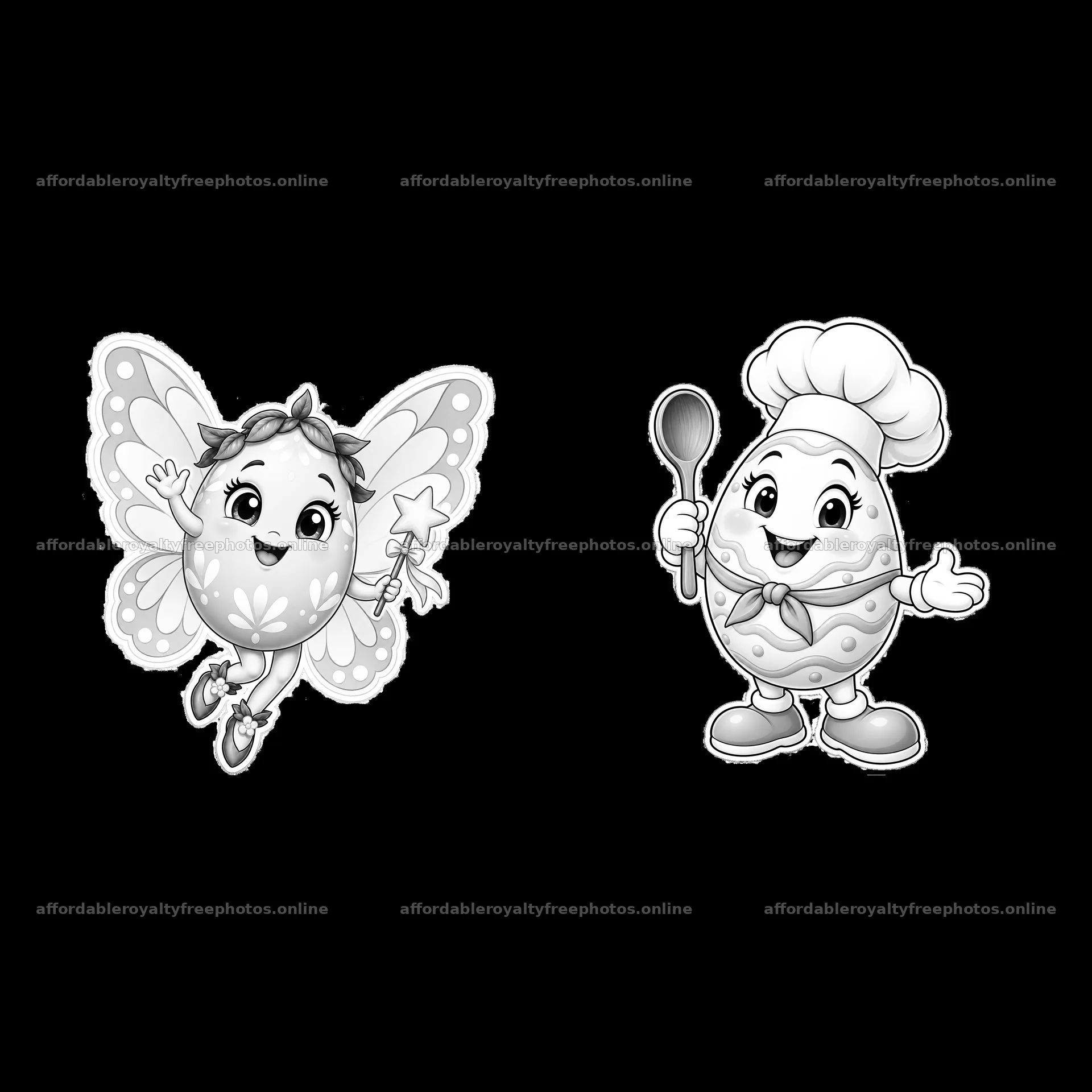 Easter egg characters with butterfly and chef in monochrome design – royalty-free photos 7746x7746