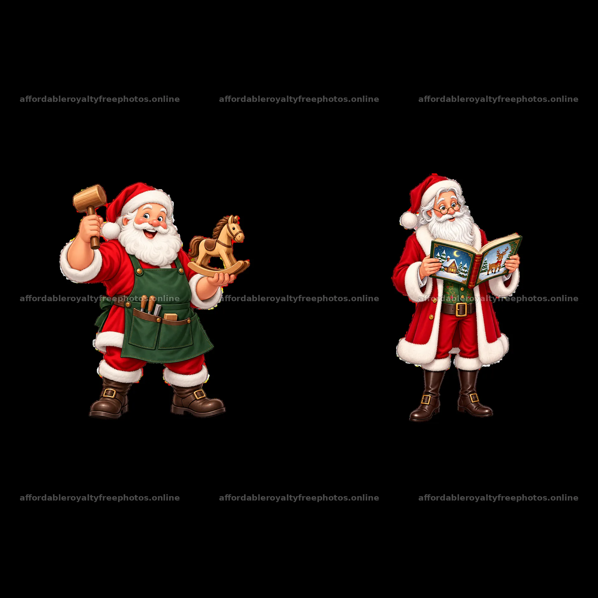 Santa Claus with a hammer and wooden horse, Santa reading a book – royalty-free photos 7746x7746