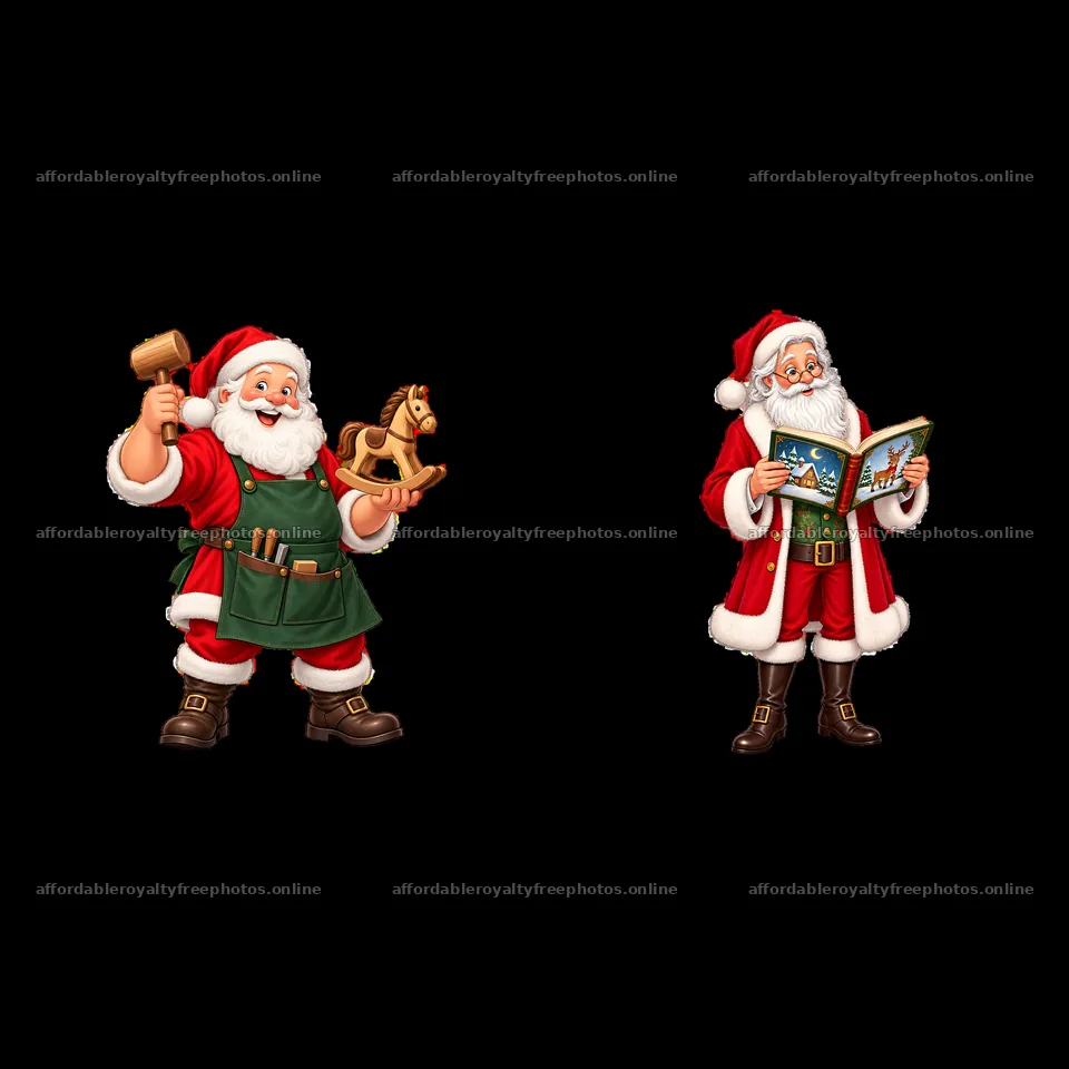 Santa Claus with a hammer and wooden horse, Santa reading a book – royalty-free photos 7746x7746