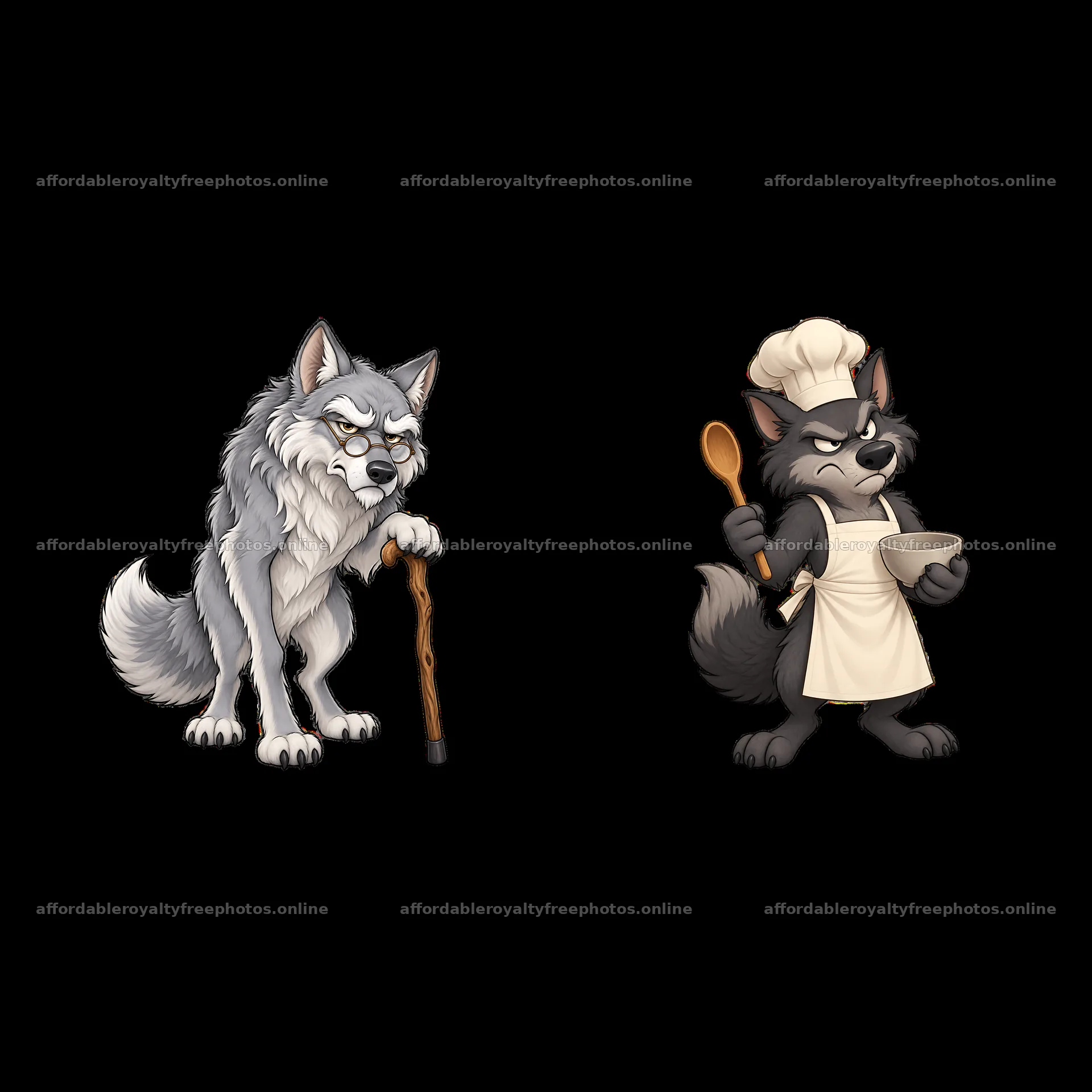 Grumpy wolf with a cane and another as a chef holding a – royalty-free photos 7746x7746