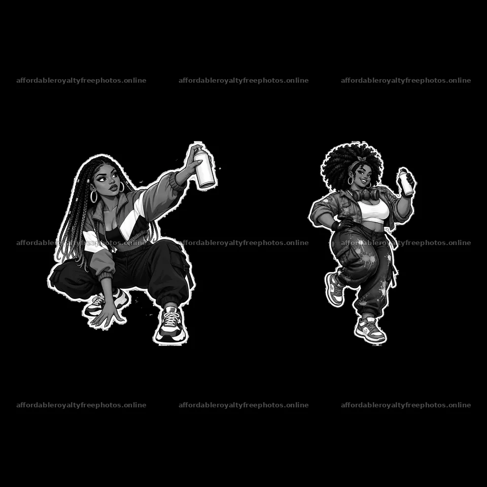 Cartoon sticker of two stylish female graffiti sprayers – royalty-free photos 7746x7746