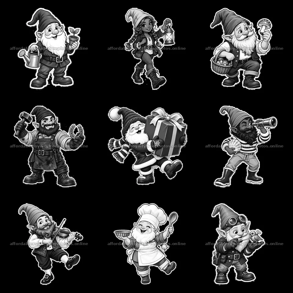 Gnomes engaged in various activities in a monochrome – royalty-free photos 7746x7746