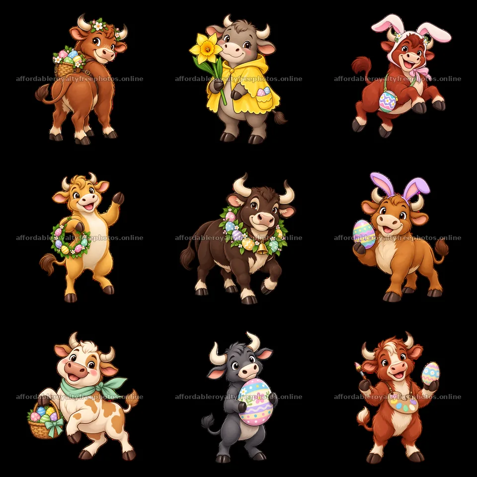 Easter ox cartoon stickers in a 3x3 layout with festive – royalty-free photos 7746x7746