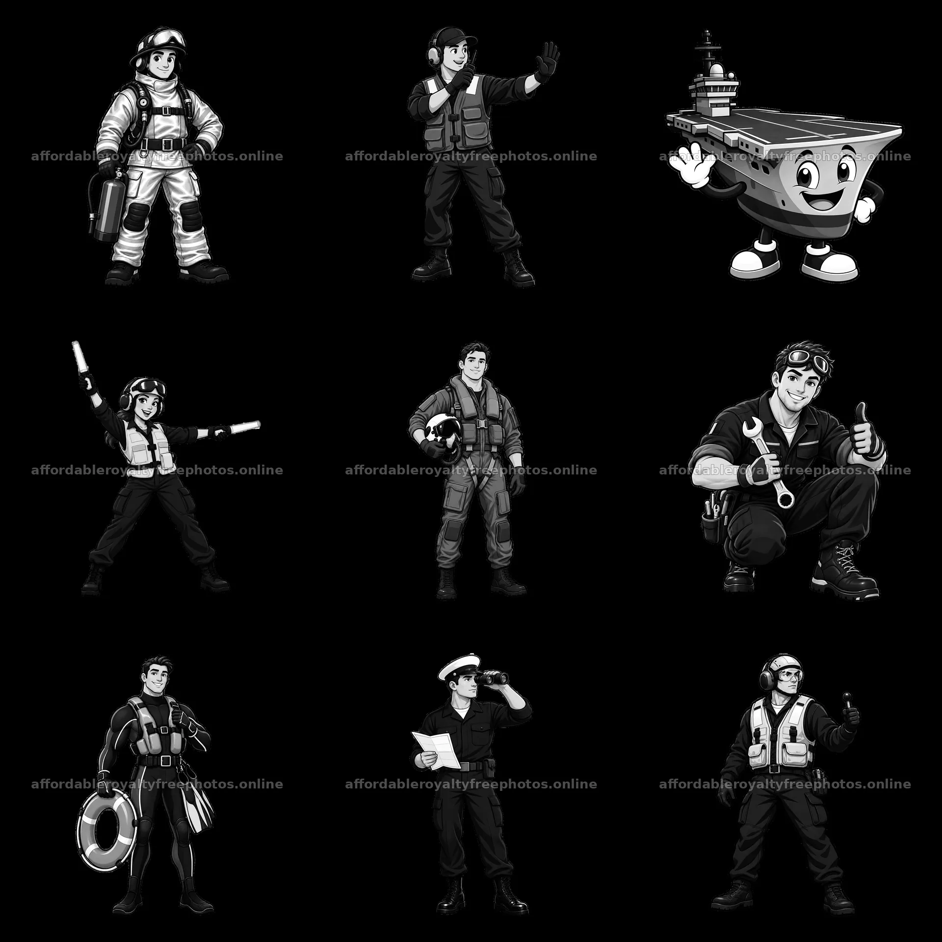 Cartoon crew members and aircraft carrier mascot in – royalty-free photos 7746x7746
