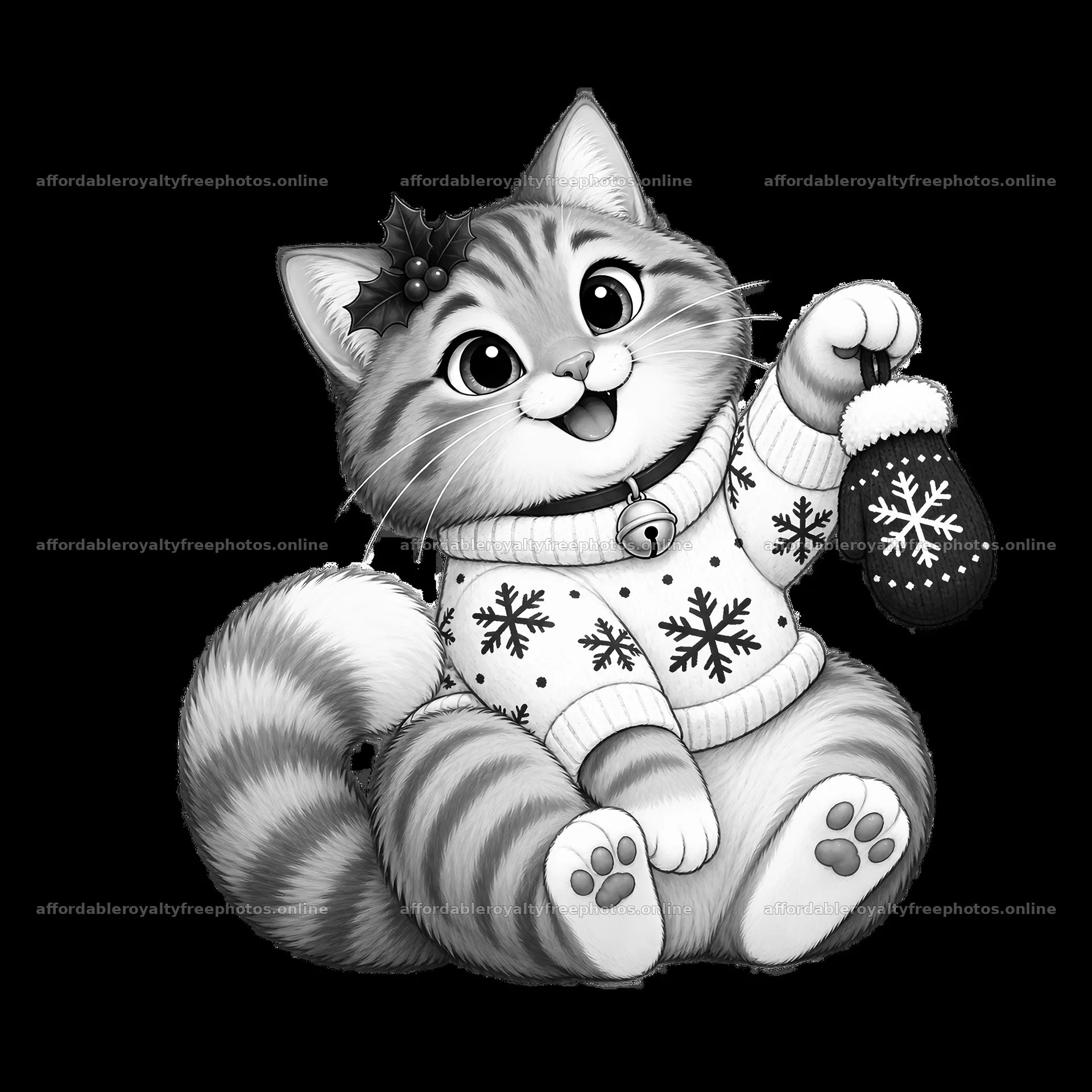 Cheerful cat wearing sweater holds Christmas mitten in – royalty-free photos 7746x7746