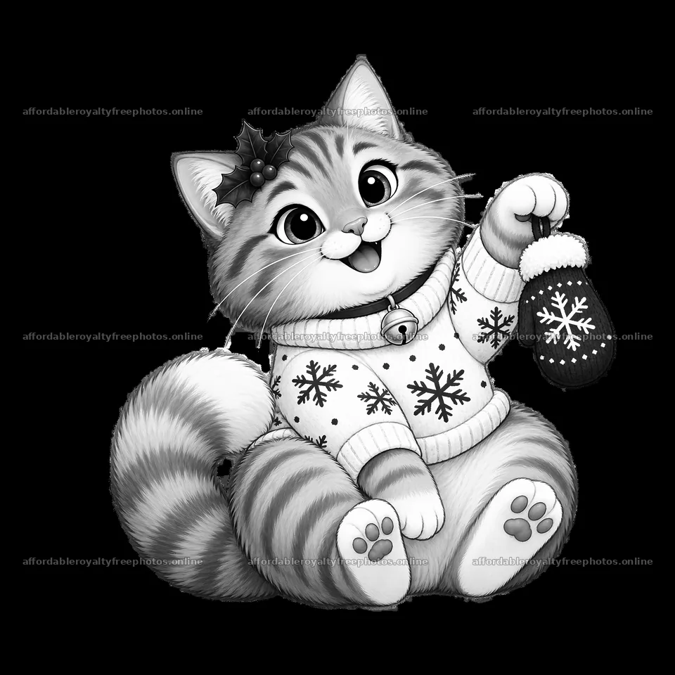 Cheerful cat wearing sweater holds Christmas mitten in – royalty-free photos 7746x7746