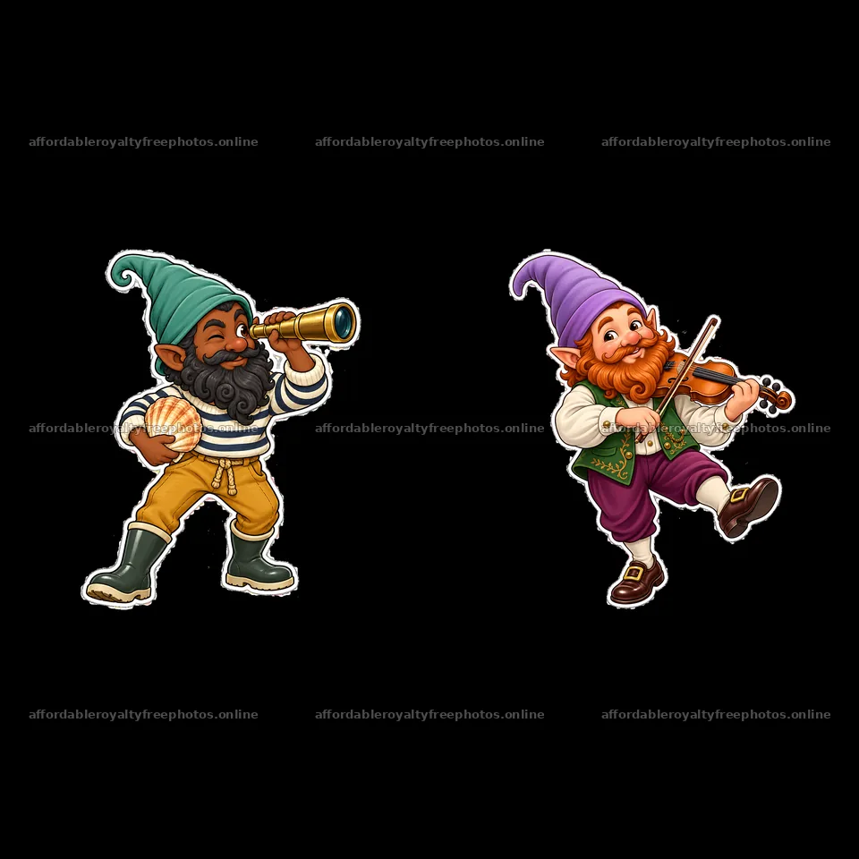 Gnome with telescope and gnome playing violin in cartoon – royalty-free photos 7746x7746
