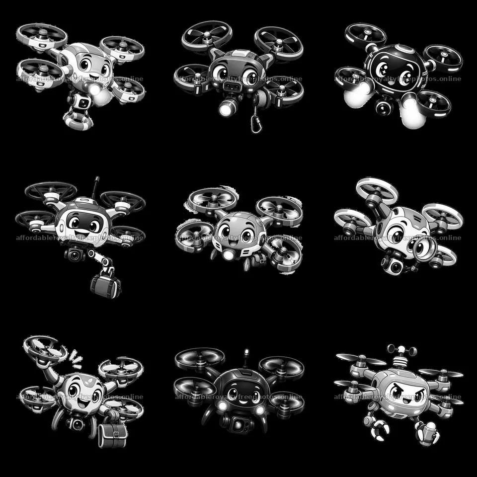 Cartoon drones showcasing various activities and features – royalty-free photos 7746x7746