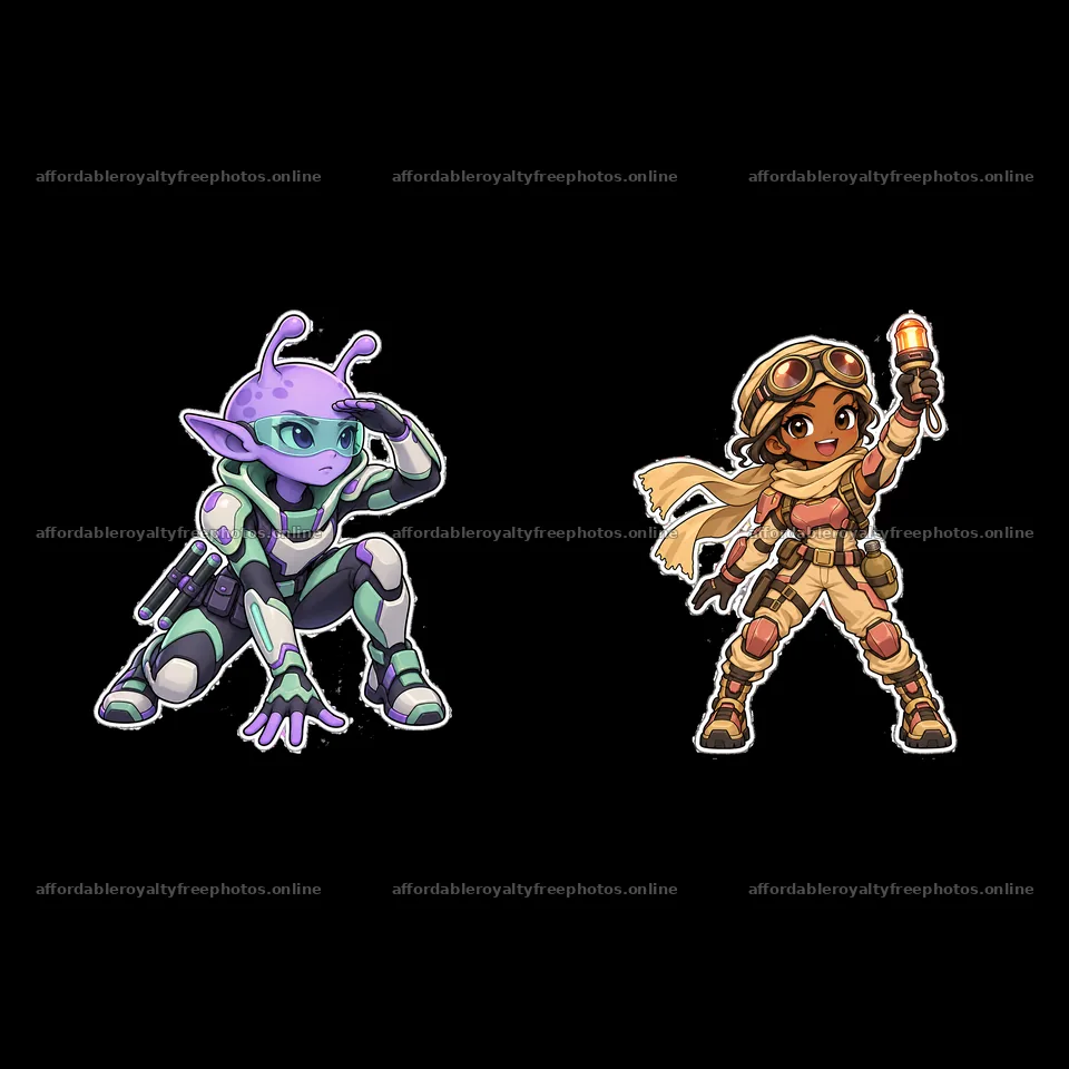 Kawaii futuristic super-soldier duo with alien and pilot – royalty-free photos 7746x7746
