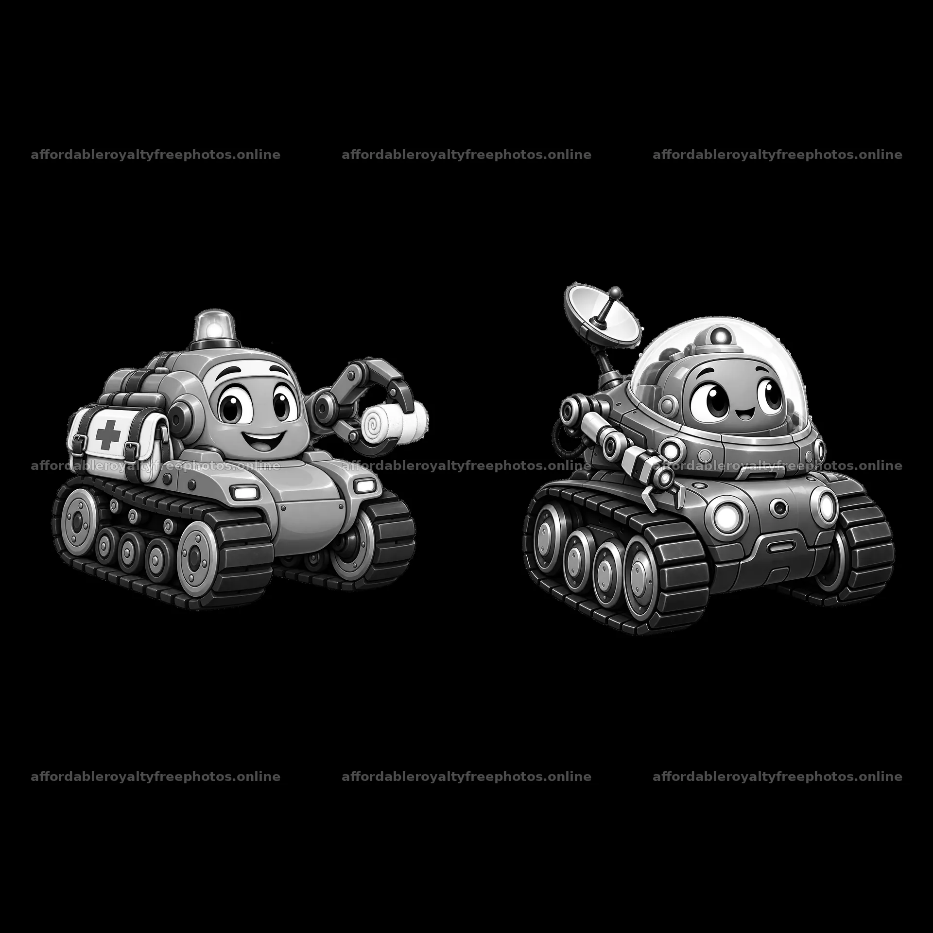 Cartoon tank characters with accessories in monochrome – royalty-free photos 7746x7746