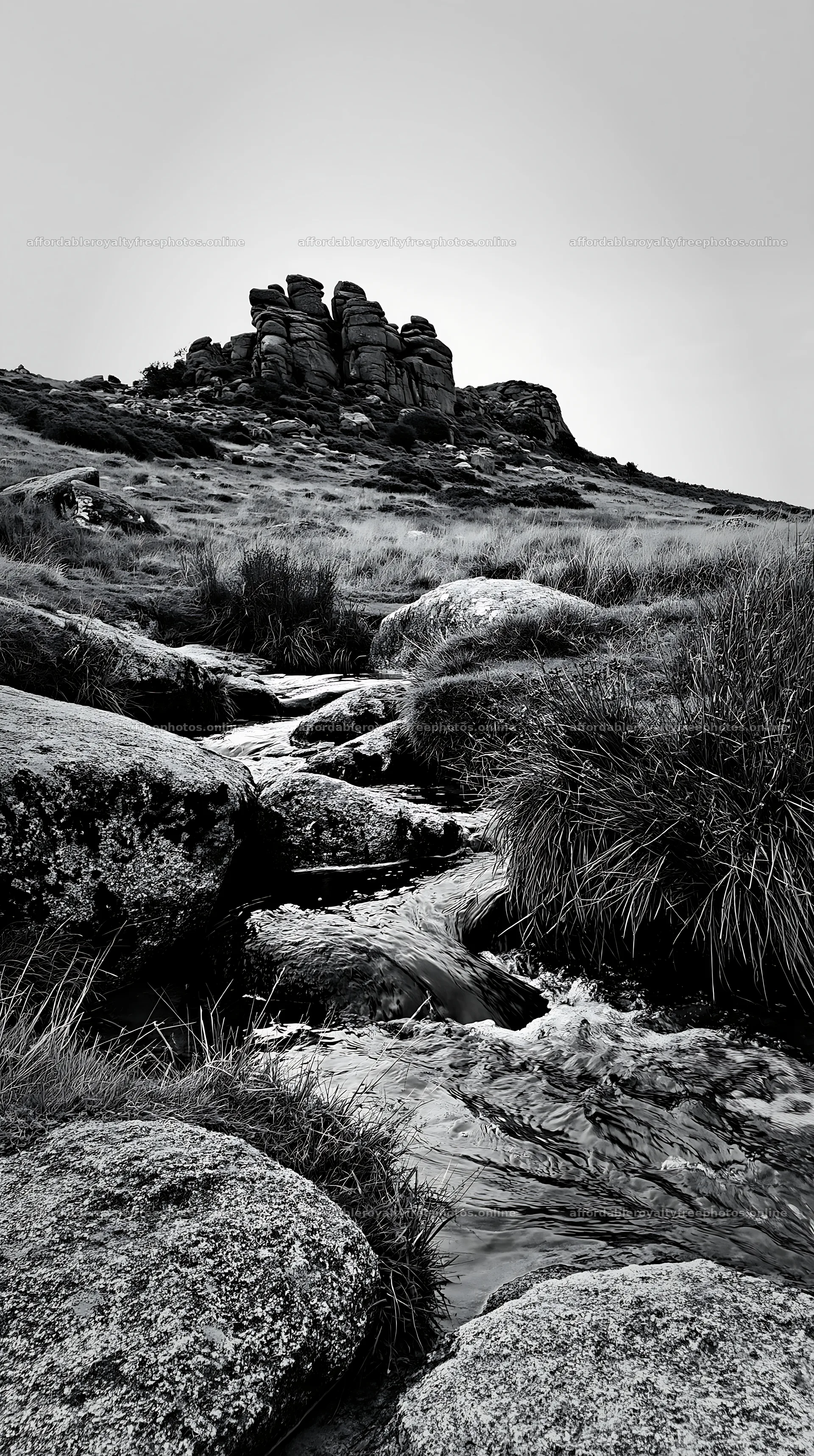 Meadow and stream under crags in black and white – royalty-free photos 5938x10608